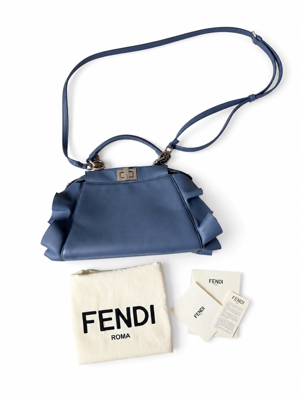 Fendi Small Blue Leather Ruffle Shoulder Bag with Top Handle
